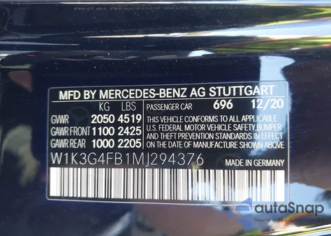 2021 Mercedes-Benz A 220 4Matic из США, поврежденный, VIN W1K3G4FB1MJ294376